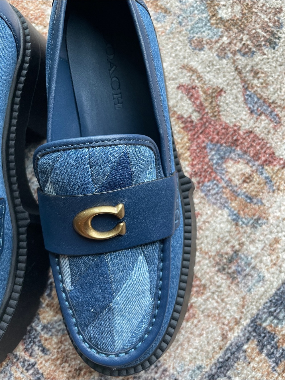 NWOB Coach Leah Blue Denim-Patterned Women's Loafers with Gold Accent "C" - Picture 2 of 8